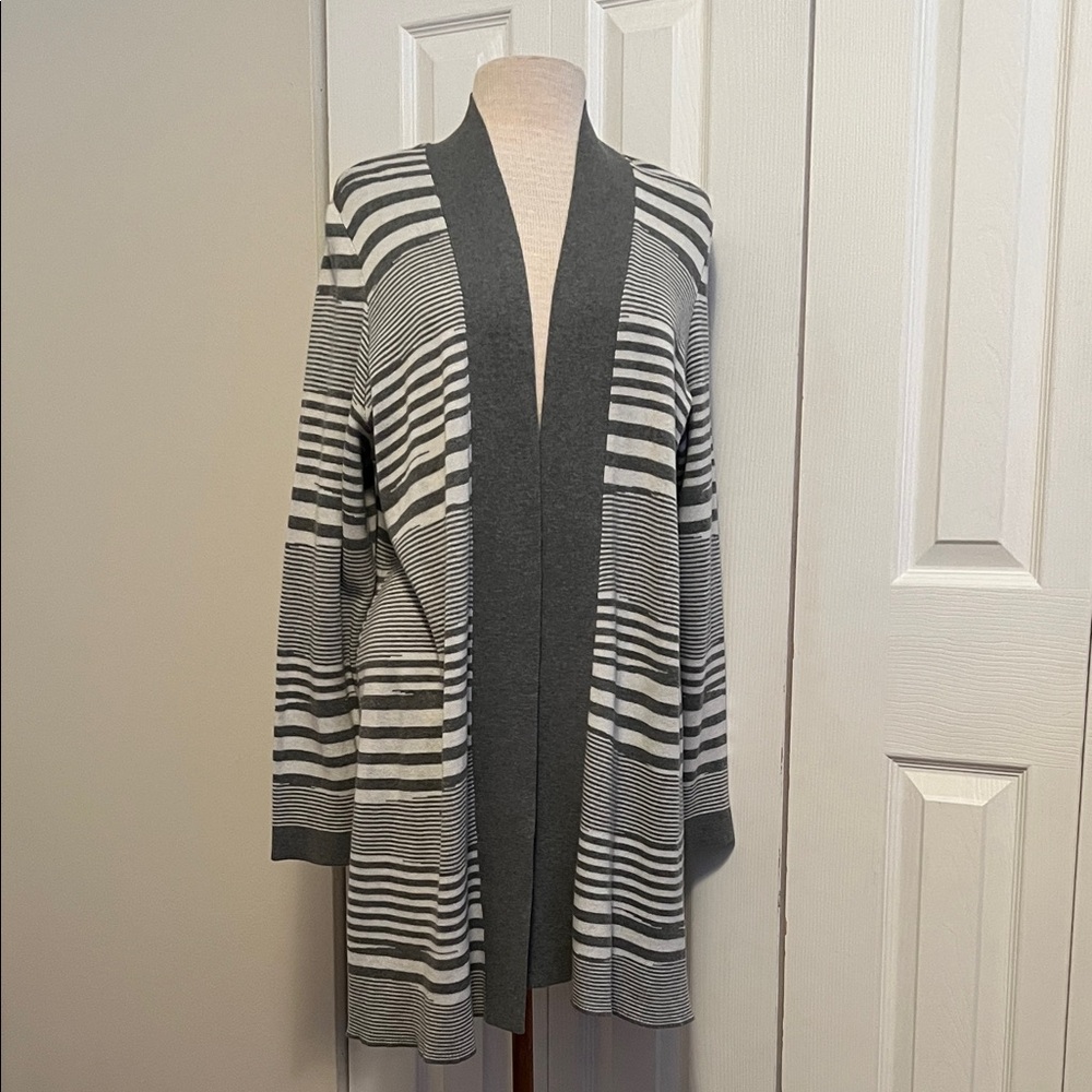 Charter Club Gray and White Multi-Striped Open-Front Cardigan Sweater Size 1X